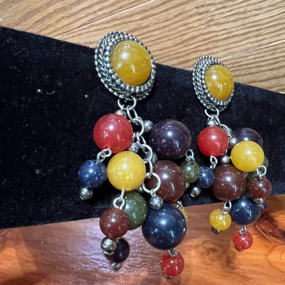Vintage‎ Multi Color Beaded Cluster Drop Earrings Silver Tone Boho Statement